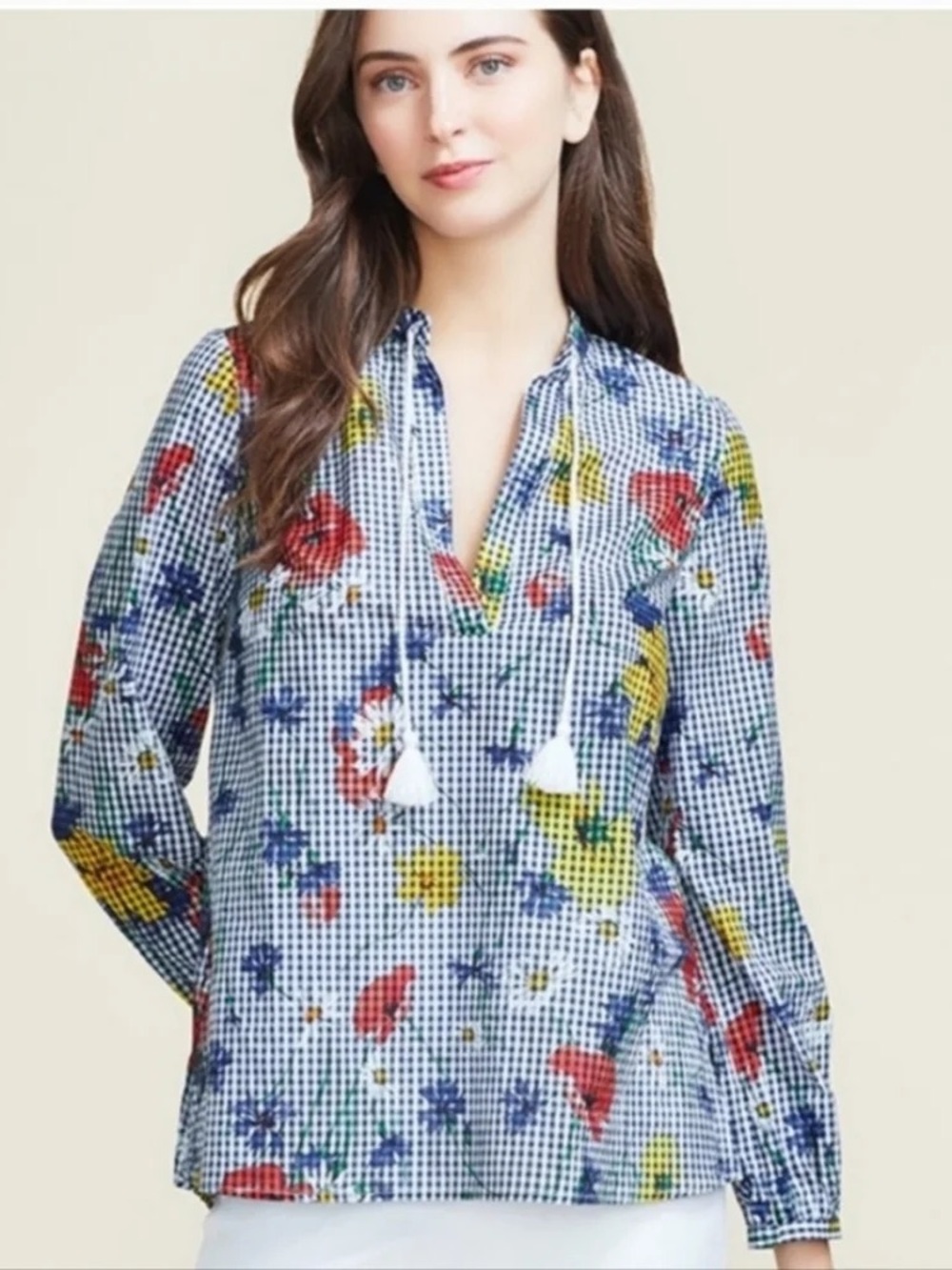 Pearl by Lela Rose Gingham Floral Tunic Blouse Medium